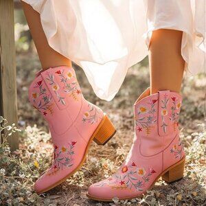 Flower Embroidered Ankle Cowgirl Boots